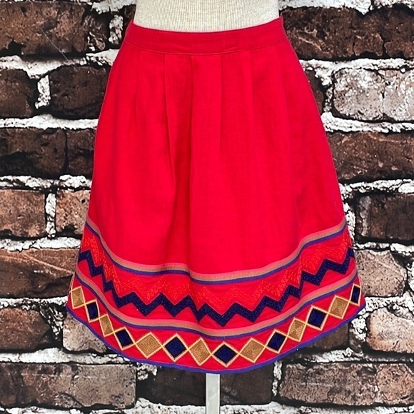 Pomelo Skirt Full Pleats Embroidery Linen Red Size XS - Picture 3 of 12